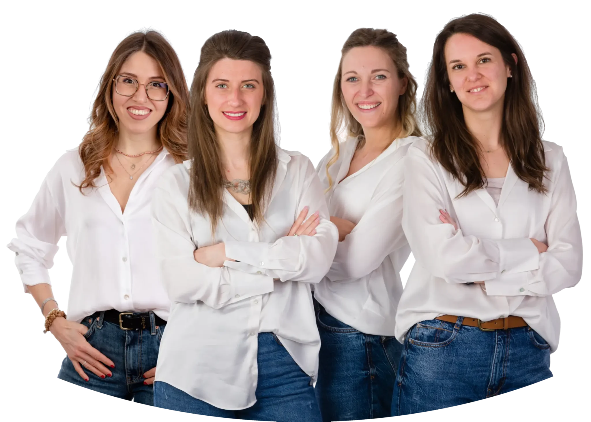 Lo psicologo in jeans e camicia bianca, rappresentato come un gruppo di 4 psicologhe che offrono la consulenza gratuita per la giornata del fiocchetto lilla