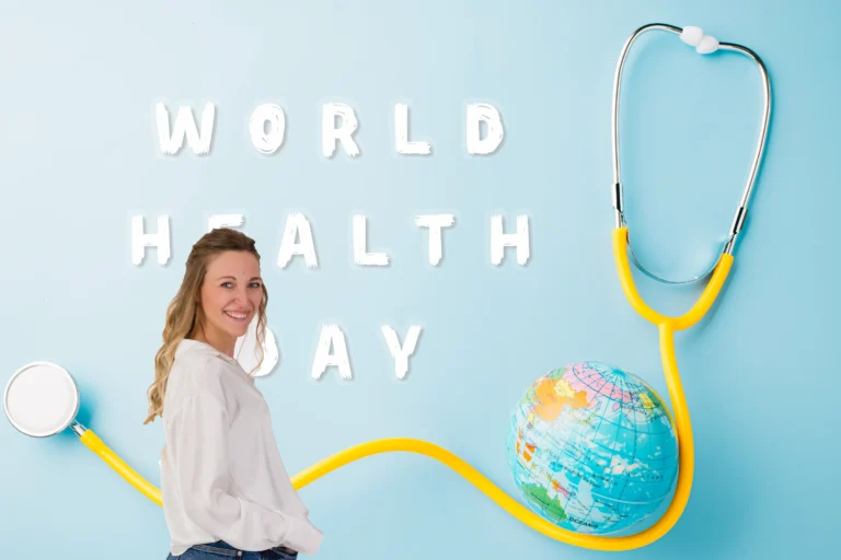 World Health Day, immagine di una dottoressa e di un fonendoscopio di colore giallo con appoggiato un mappamondo